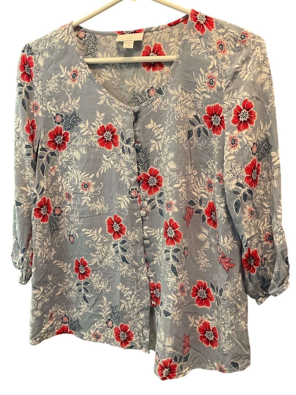 J.Jill  Size S Petite Blue & Red Floral Rayon Button 3/4 Sleeve Light Top Boho